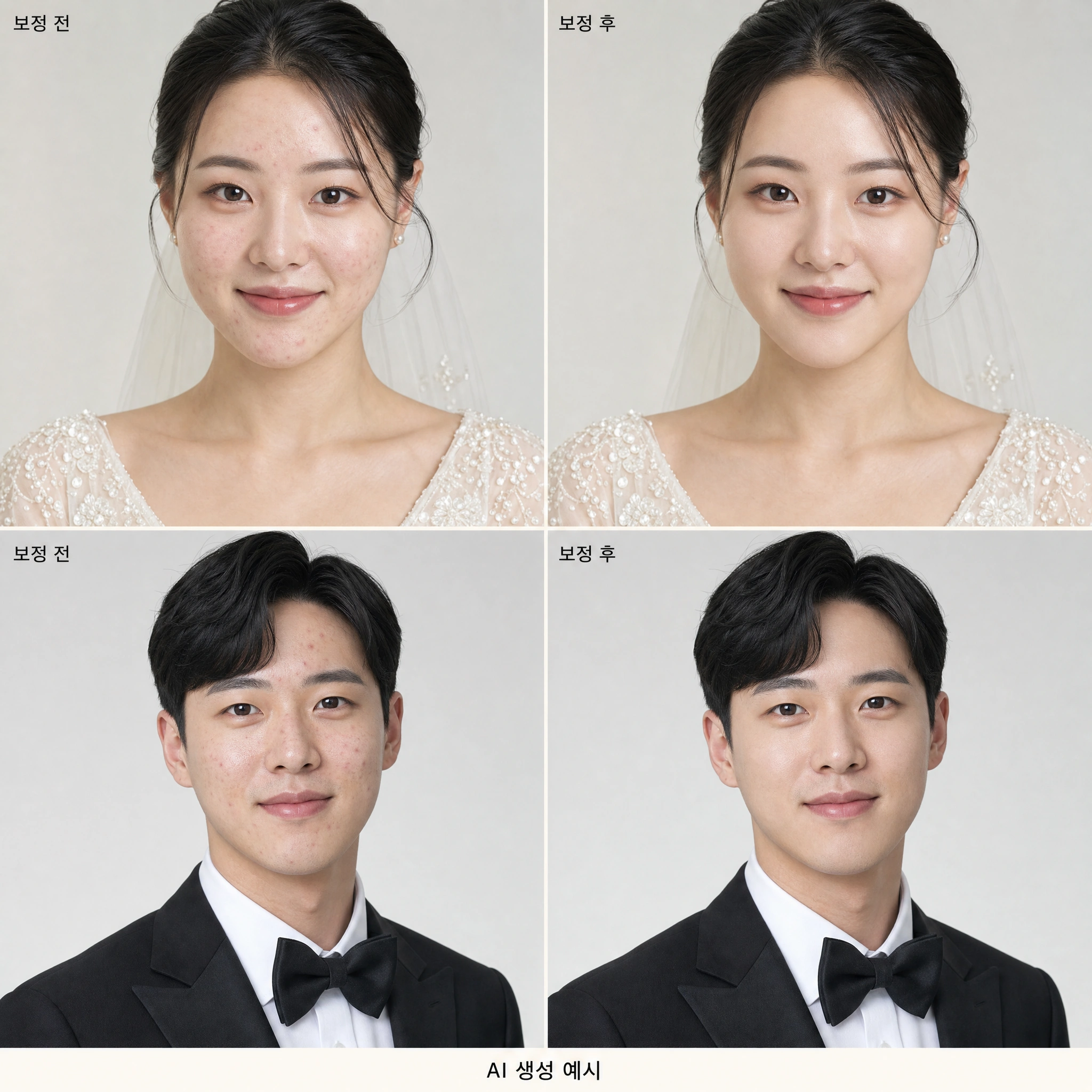 신부 피부 전후 · AI 생성 예시 보정 후 AI 생성 예시