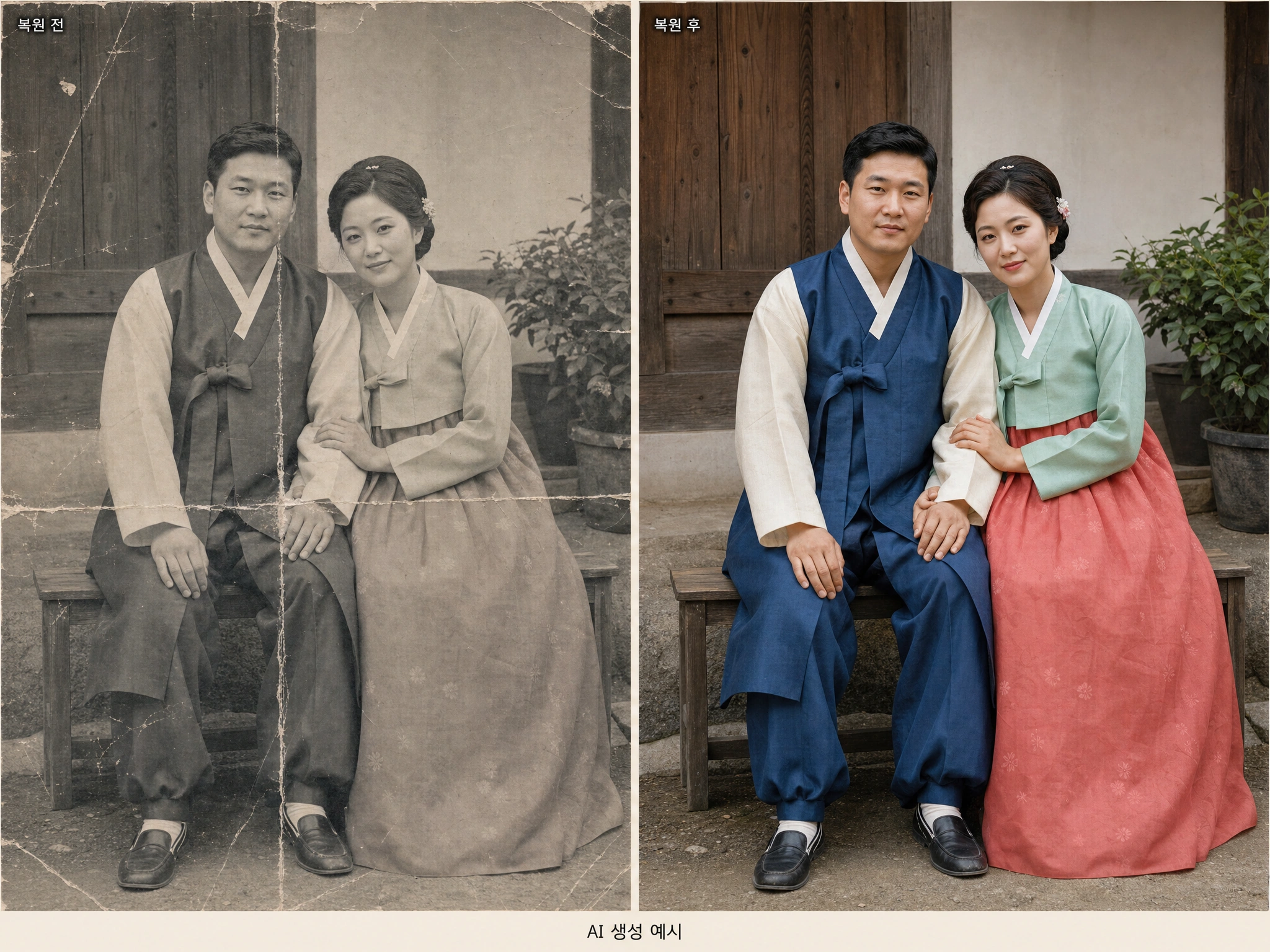 손상 정돈·컬러 복원 · AI 생성 예시 보정 후 AI 생성 예시